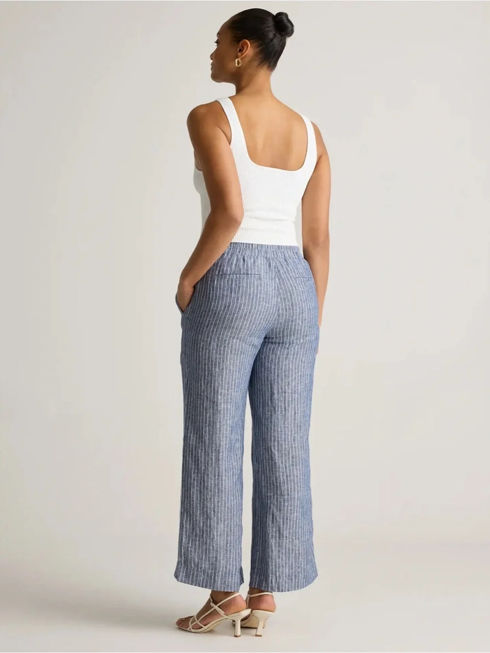 Quince 100% European Linen Wide Leg Pants In Striped Chambray Size Medium